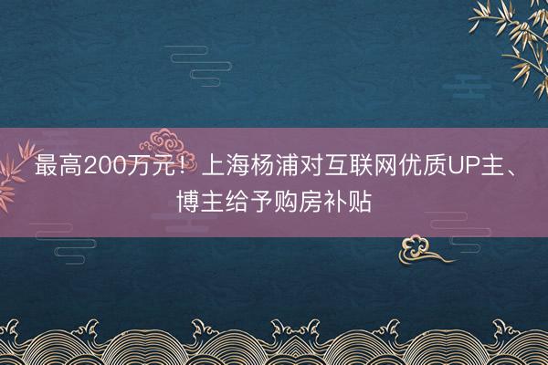 最高200万元！上海杨浦对互联网优质UP主、博主给予购房补贴